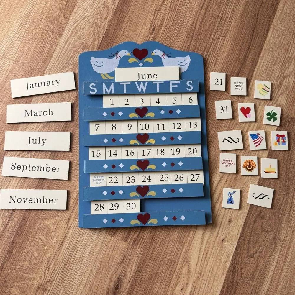 Vintage Wood Perpetual Calendar Blue Ribbon Goose Granny Cottagecore Holidays